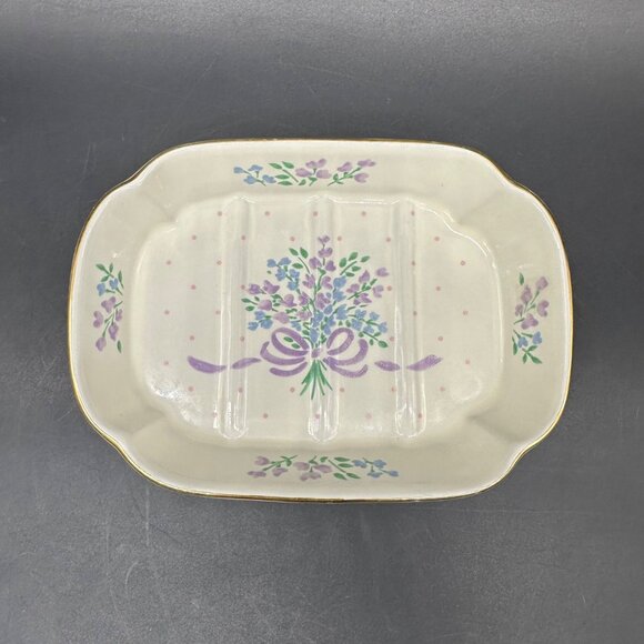 Vintage Floral Soap Dish Cottagecore 1980s Purple Blue Flowers Ceramic Romantic - Picture 2 of 8